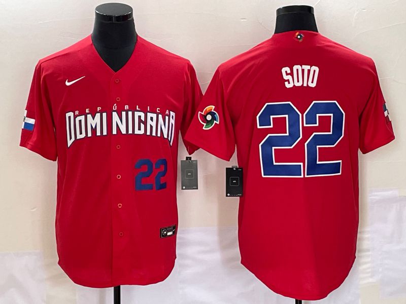 Men 2023 World Cub Dominicana 22 Soto Red Nike MLB Jersey1